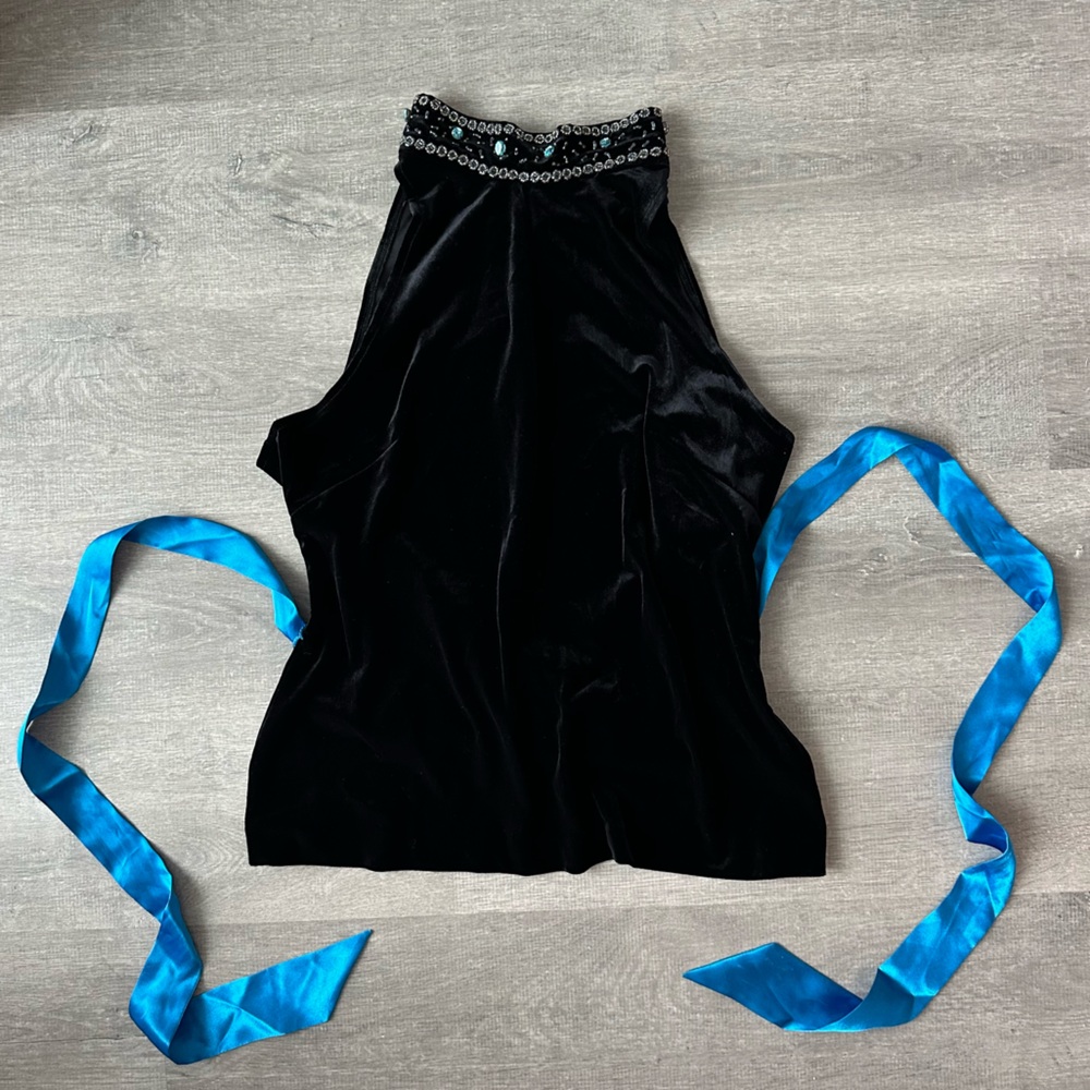 Vintage Black Velvet Halter Top with Embellished Neckline and blue ribbon tie